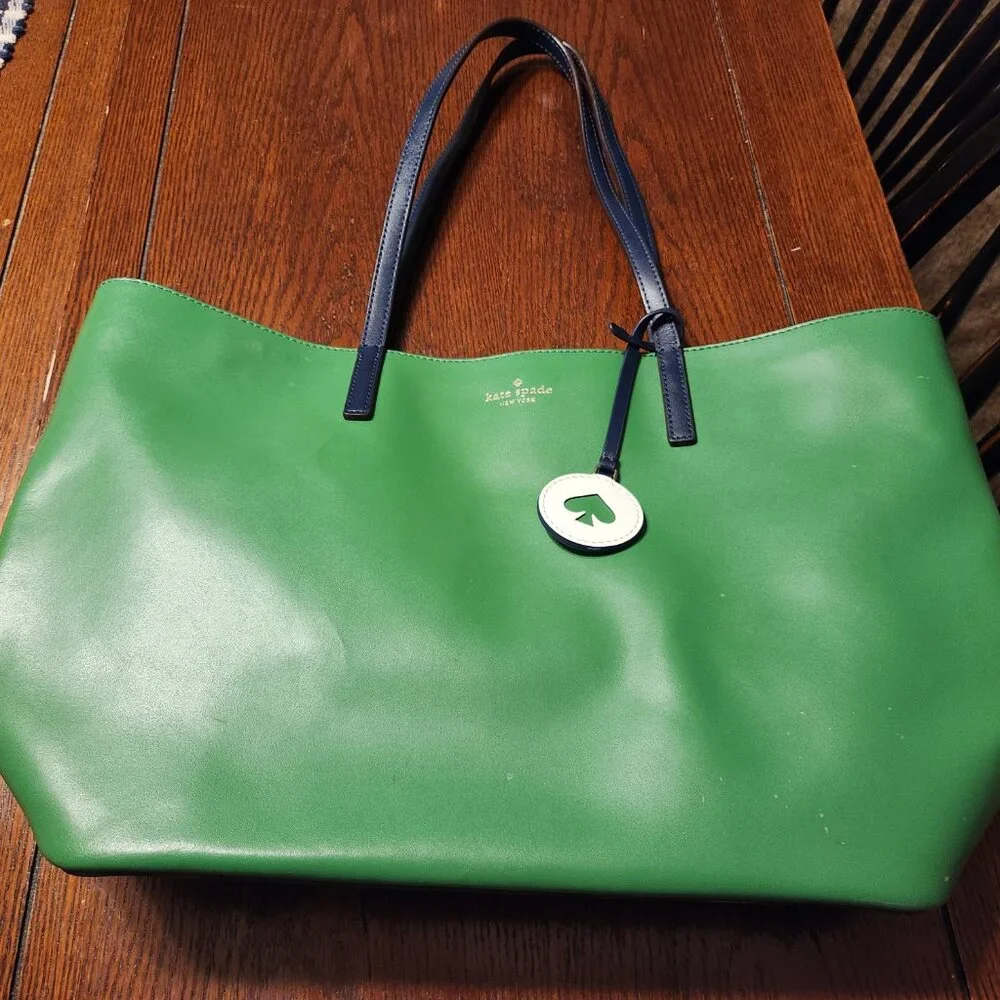 Kate Spade Tanya Tote Bag Green Leather W/ Blue Straps